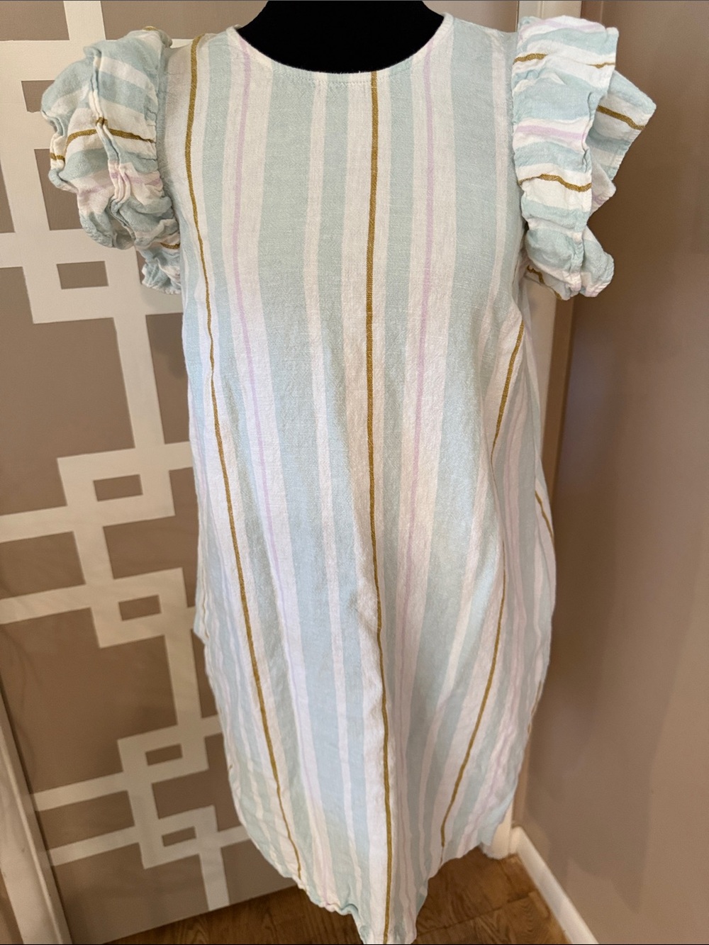 a new day Pastel Stripe Shift Dress with Ruffle Sleeves - Mint, Pink, Gold